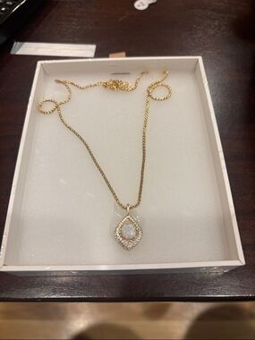 Gold Milky White Opal Halo Pendant Necklace October 25